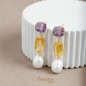 Aretes largos de cristal y perla